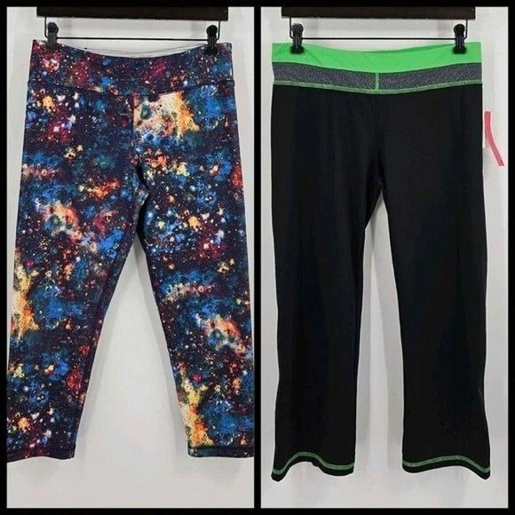 Conjunto de duas leggings Capri ENERGIE tamanho G verde neon/preto e explosões de cores - Imagem 1 de 4