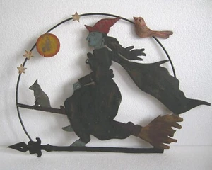 ANTIQUE OLD IRON HALLOWEEN WITCH ON BROOM WEATHER VANE , CUTOUT - Picture 1 of 9