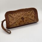 Leather Western Wristlet Hand Tooled Embossed Clutch Purse Bag Zip 8”