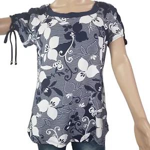 Women's Blouse Short Sleeve Round Neck Lace Up Details Blue White Size S-M New - Picture 1 of 12