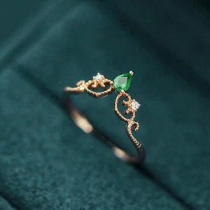 Retro Dainty Emerald Princess Crown 18k Gold Plated Adjustable Open Promise Ring - Picture 1 of 6