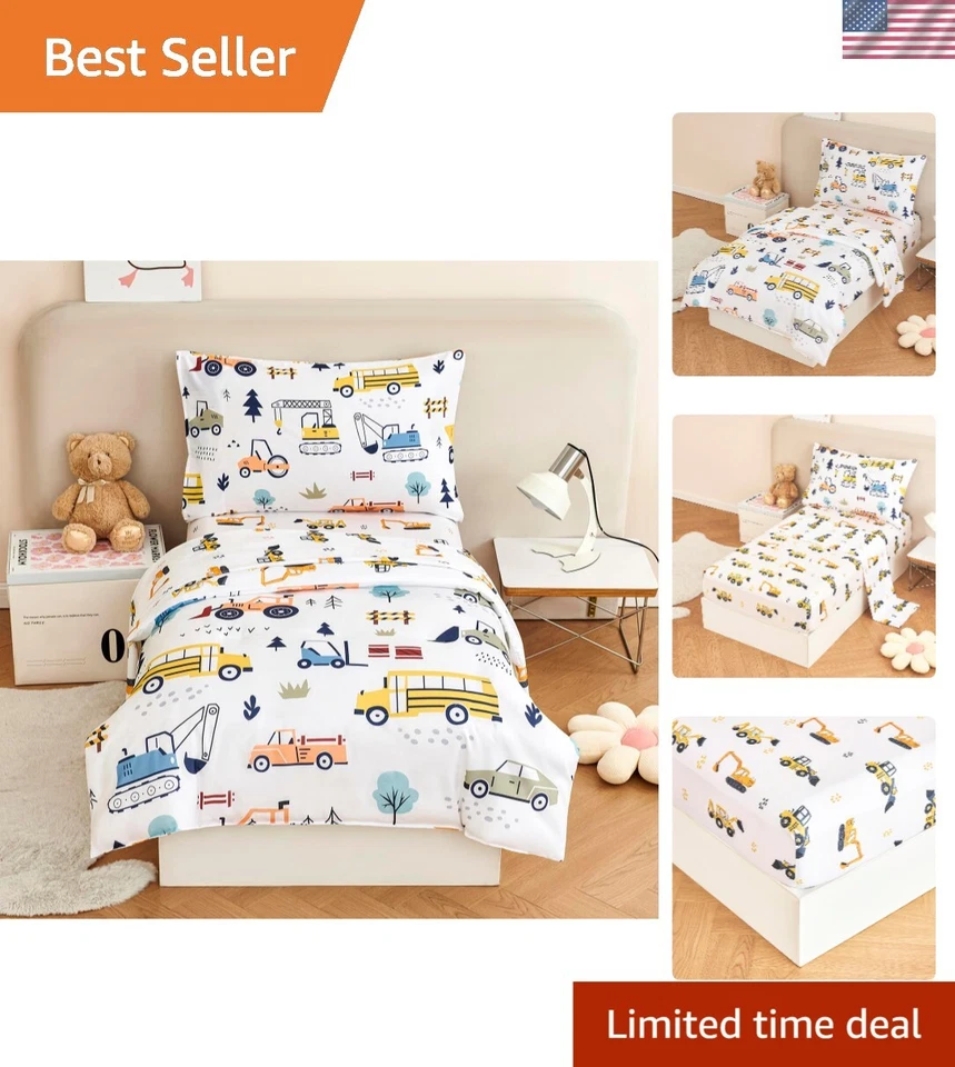 Juego de cama de 4 piezas para niños pequeños - Divertidos vehículos de construcción y comodidad de microfibra Foto 1 de 4