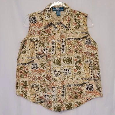 Blusa Big Dogs Mujer Tiki Patrón Tropical Sin Mangas Abotonada Algodón Años 90 Y2K  Foto 1 de 4