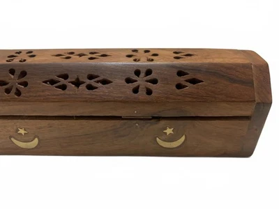 Wooden Incense Burner Box Brass Moon Star Inlay Hand Carved Rosewood 12” - Image 1 of 4