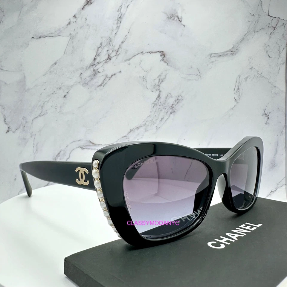 CHANEL Sunglasses Black Cat Eye Pearls Gold Metal CC Logo Authentic Italy