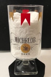 Vtg Michelob Square Footed Stem Pedestal Glass Goblet Mid Century Red Gold - Picture 1 of 3