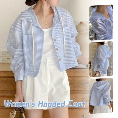 Women Summer Striped Short Loose Long Sleeve Sun Protection Hooded Shirt Coat - Image 1 of 4