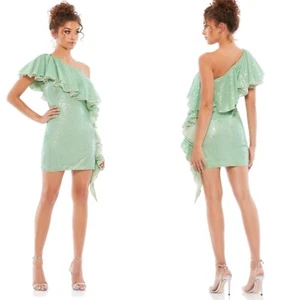 Mac Duggal NWT One Shoulder Ruffled Cocktail Dress Sage Size 4 10800 Sequin Mini - Picture 1 of 16