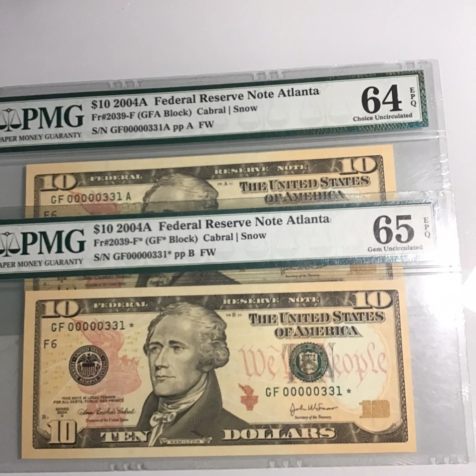 FR-2039-F*✅ 2004-A $10 FRN ➡️ 00000331*Star And Matching Gem Ser#331.PMG 65&64 - Image 1 of 4