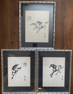 T.K. CHAN PINSEL GEMÄLDE, PFERDE, SELTENES 3er Set IN SILBERRAHMEN TAK KWONG CHAN - Bild 1 von 12