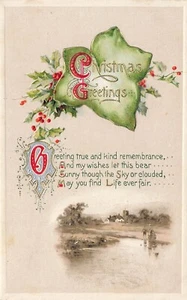 Poema antiguo de postal Winsch saludos navideños en relieve bayas de acebo - Imagen 1 de 2