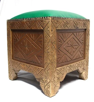 Footstool Handmade Carved Wood Green Leather Top Vanity Stool Moroccan - Image 1 of 4