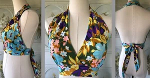 Vintage 70er Jahre Psychedelic Floral Neckholder Top Wickel Crop Poly Strick grün lila pink EUC - Bild 1 von 6