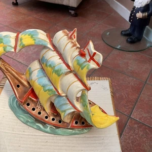 ART DECO DIETMAR UMBACH POTTERY SAILING SHIP POSY HOLDER 1930,sCOLOURED large - Picture 1 of 10