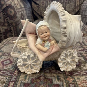 Antique bisque piano baby in tram carriage (flaw) See Details - Picture 1 of 16