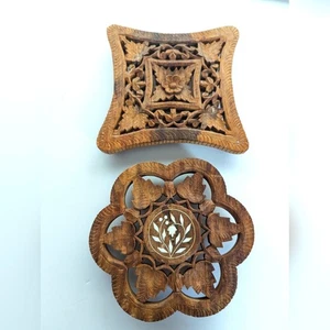 Vintage 1970s Hand Carved Wooden Boho Kitchen Trivet Wall Decor Set Of 2 - Picture 1 of 4