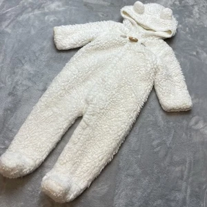 Janie and Jack Faux Fur Footed Jumpsuit Size 3-6 Months Ivory Snap Up Hooded - Picture 1 of 8