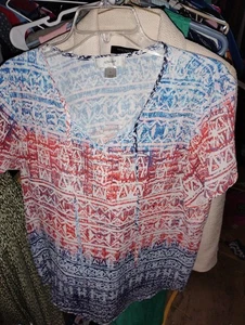 1x c.j. Banks Multicolor Blau Rot Basic Polyester T-Shirt Bluse Hippie Boho - Bild 1 von 1