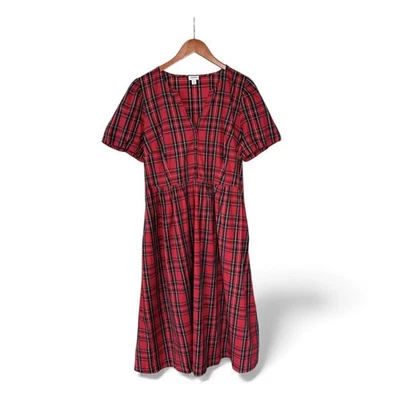 J Crew Size 18 Puff Sleeve Holiday Tartan Plaid Midi Dress Christmas Red Pockets - Image 1 of 4