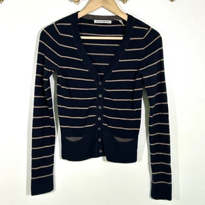 Autumn Cashmere Cardigan Size XS Striped Pockets Navy Blue Tan Preppy Classic - Picture 1 of 5