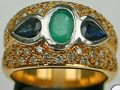 Ring mit Smaragd Saphir Diamant Brillanten Safir in 14 Kt 585 er Gold 57 top - Bild 1 von 4