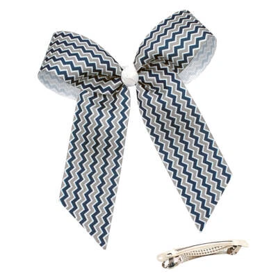 WD2U Niñas 4" Azul Marino Plata Chevron Grosgrain Cabello Lazos Colas Clip Francés Pasador Foto 1 de 4