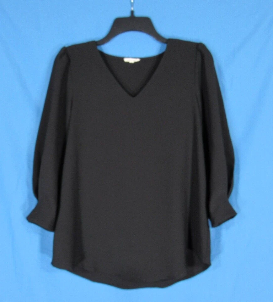 Blusa Top JODIFL Para Mujer NEGRO SÓLIDO Satén Sarga Cuello en V Manga 3/4 JERSEY S Foto 1 de 4