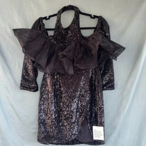 NWOT ASOS LUXE halterneck wire lace shoulder mini dress in black sequin, 4 - Picture 1 of 12