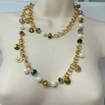 Collar Charter Club tono dorado cadena imitación perla flor moneda cuentas de vidrio verde Foto 1 de 4