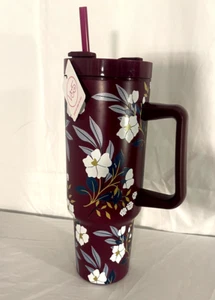 New West & 5th Maroon floral Tumbler w/Lid & Straw  - Picture 1 of 8