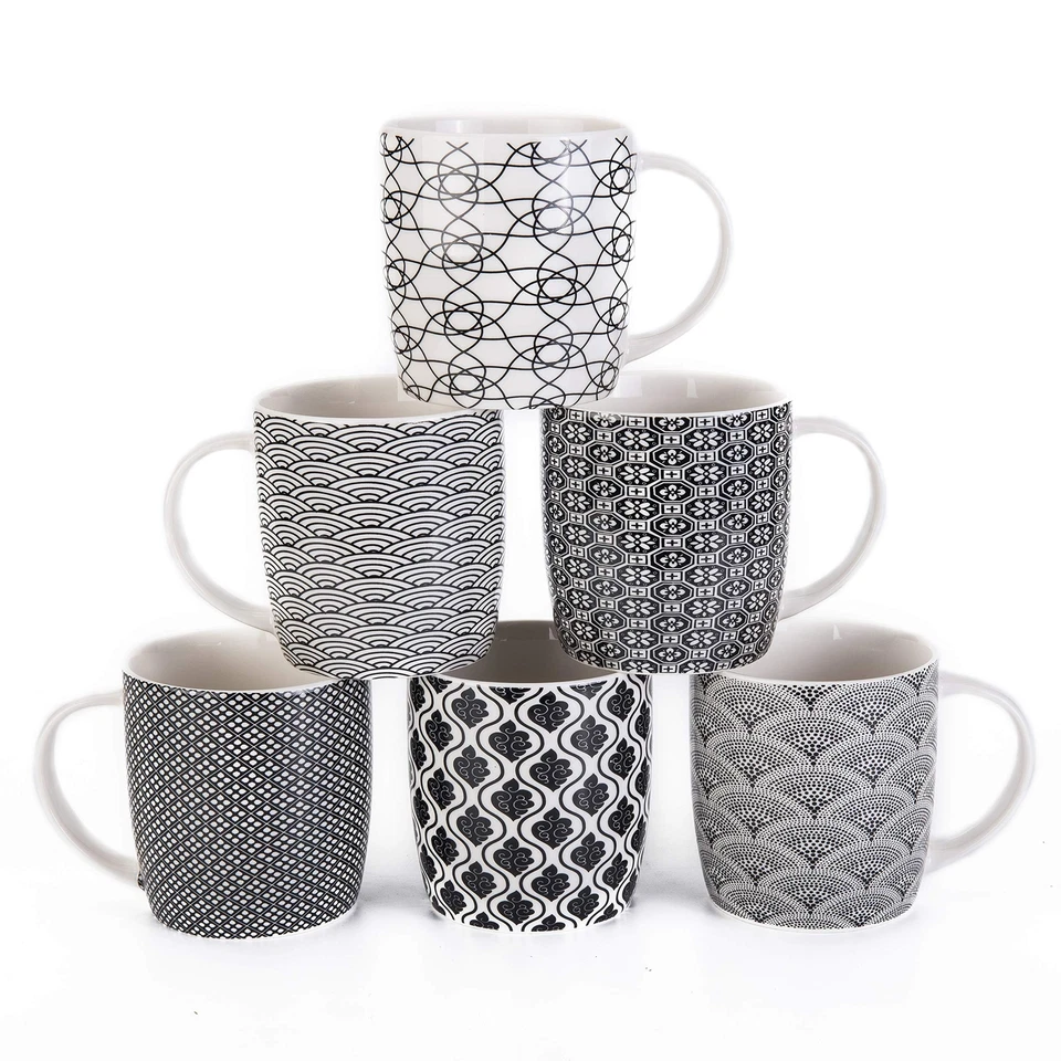 MACHUMA Set of 6 11.5 oz Coffee Mugs with Black and White Geometric Patterns Ce