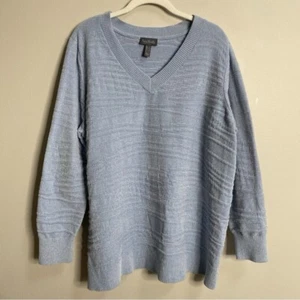 AnyBody lässiger Chenille-Pullover blau beschlagmuster V-Ausschnitt mit Borte Größe Large - Bild 1 von 11