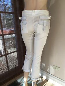 Roberto Cavali białe przycięte zdobione spodnie, rozmiar 6, Doskonałe