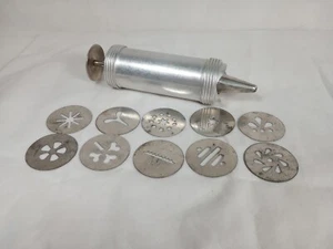 Vintage Cookie/Pastry/Icing Press 1 Tip & 10 Discs Baking Decorating Aluminum - Picture 1 of 3