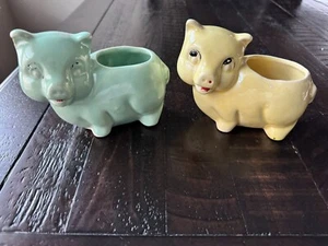 Lot 2 Antique Vintage 1952 Brush/ McCoy Green & Yellow Satin Glaze Pig Planter - Picture 1 of 15