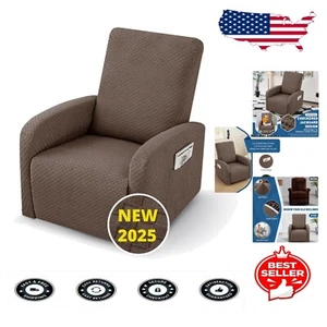 Durable Elastic Recliner Chair Cover Set with Side Pocket - Light Coffee Pattern - Picture 1 of 8
