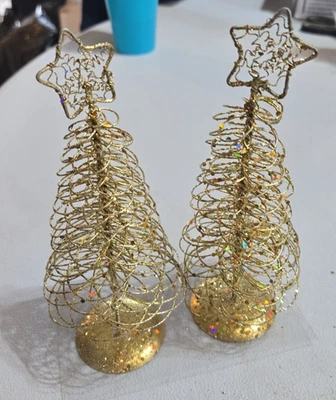 Lot of 2 Metal 7 Inch Gold Glittery Christmas Xmas Tree Tabletop Home Decor - Image 1 of 2