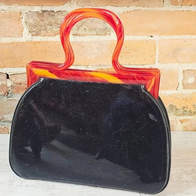 Bolso de mano vintage MCM 1950 Cara Lucite con asa negro charol vinilo hecho en EE. UU. Foto 1 de 4