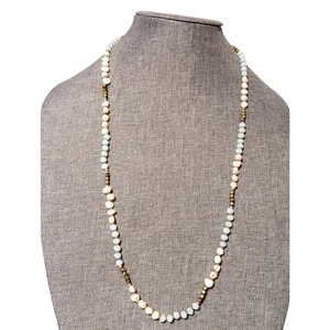 Beachy Faceted Aquamarine Glass Freshwater Pearl Beaded Stretch Necklace - Picture 1 of 3