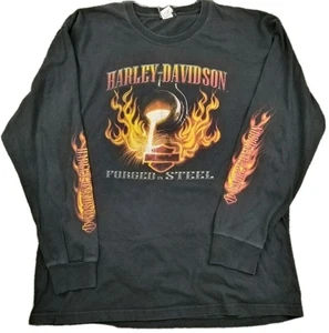 Rare Y2K Harley Davidson Shirt Forged Steel Flames Sleeves 2XL Skulls 2 Sided - Picture 1 of 16