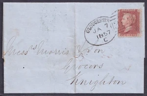 1857 1d Red SG 29 FI Very Fine GLOUCESTER Spoon to Knighton - Picture 1 of 2