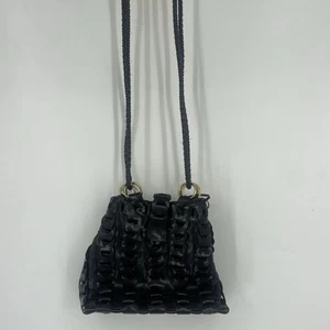 Vintage 90s Y&S Leather Woven Crossbody Bag Purse Black Gold Minimalist Chain - Picture 1 of 10