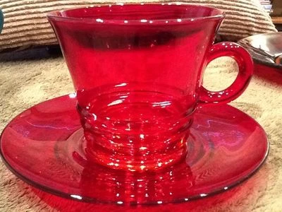 Anchor Hocking Royal Ruby Red Glass Cup & Saucer Banded Depression Glass Vintage - Image 1 of 4