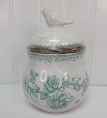 Pioneer Woman Agatha Bird Sugar Bowl W Lid Floral White Green Stoneware New - Image 1 of 4