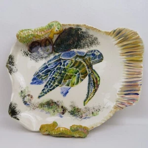 Handmade Pottery 11"x 9" Platter Tray Hand Painted with Sea Turtle and Seahorses - Picture 1 of 9
