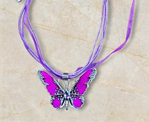 Fuchsia Crystal Butterfly Ribbon Necklace – Adjustable Cord, Nature Jewelry - Picture 1 of 3