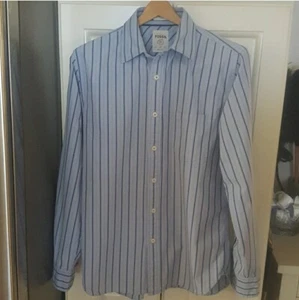 Fossil Mens Size M Blue & White Striped Preppy Designer Casual Button Down Shirt - Picture 1 of 7