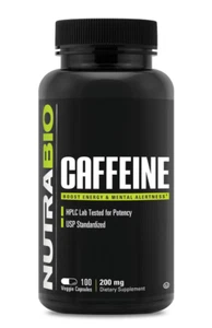 NutraBio Caffeine 200mg 100caps - 100% Pure - Boost Energy & Mental Alertness - Picture 1 of 1