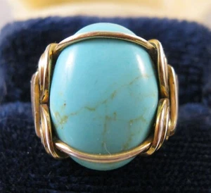 Vintage Turquoise Unisex Ring 10K Gold Filled Wire Wrapped Size 7 - 18mm x 13mm - Picture 1 of 9