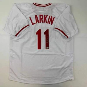 Autographed/Signed Barry Larkin Cincinnati White Baseball Jersey Beckett BAS COA - Picture 1 of 4
